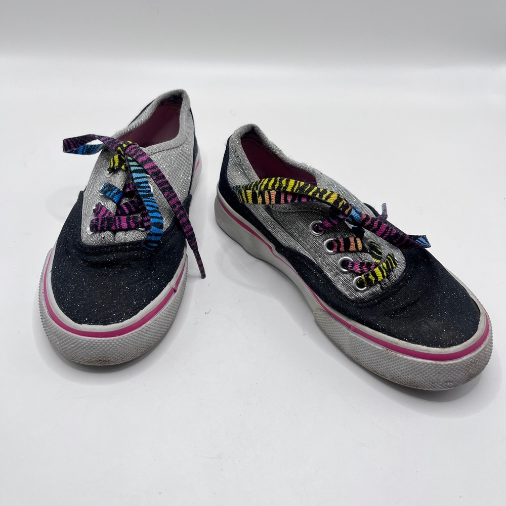 Disney Liv and Maddie Girls Glitter Sneakers Black Silver Rainbow Laces Size 12